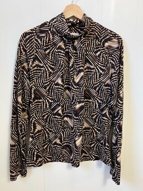 St John Sport Psychedelic Wavy Print Mock Neck Top Brown Tan Retro Stretch LARGE